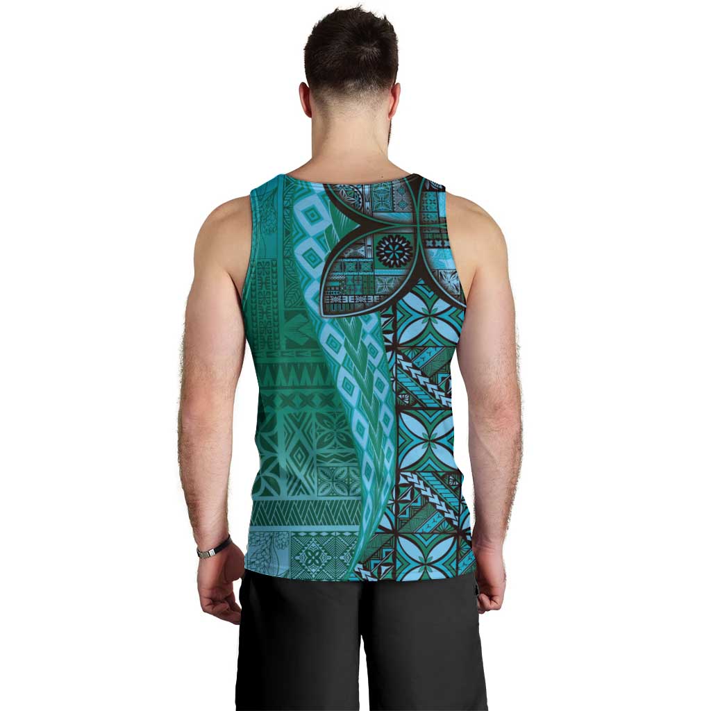 Samoan Pacific Tribal Flower Geometric Art Tattoos Men Tank Top Siapo Pattern Turquoise Tide - Polynesian Pride