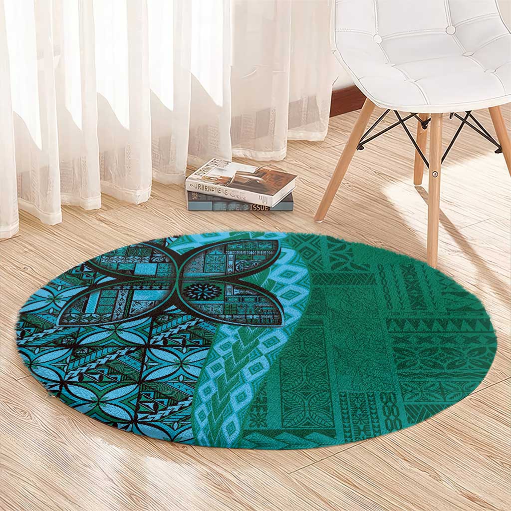 Samoan Pacific Tribal Flower Geometric Art Tattoos Round Carpet Siapo Pattern Turquoise Tide - Polynesian Pride