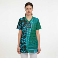 Samoan Pacific Tribal Flower Geometric Art Tattoos Scrub Top Siapo Pattern Turquoise Tide - Polynesian Pride
