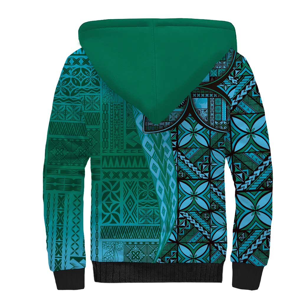 Samoan Pacific Tribal Flower Geometric Art Tattoos Sherpa Hoodie Siapo Pattern Turquoise Tide - Polynesian Pride