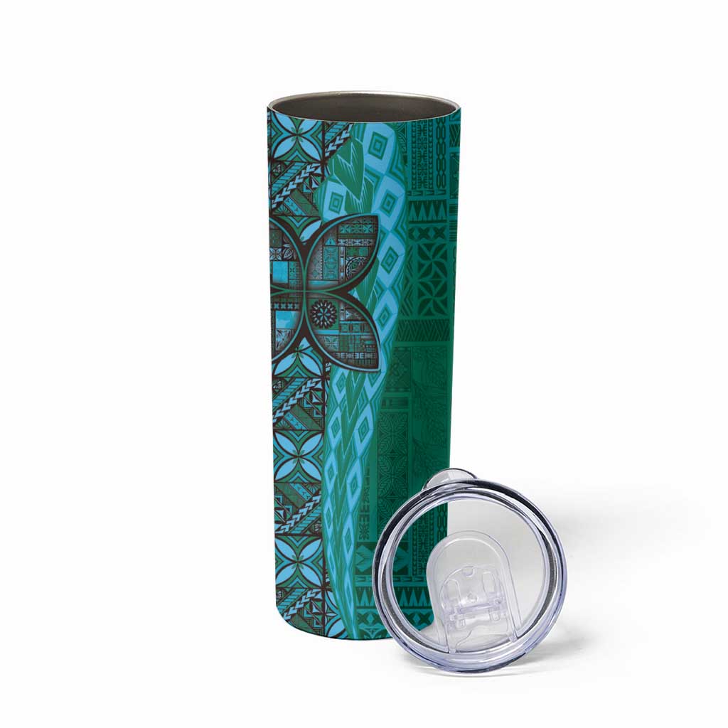 Samoan Pacific Tribal Flower Geometric Art Tattoos Skinny Tumbler Siapo Pattern Turquoise Tide - Polynesian Pride