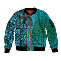 Samoan Pacific Tribal Flower Geometric Art Tattoos Sleeve Zip Bomber Jacket Siapo Pattern Turquoise Tide - Polynesian Pride