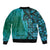 Samoan Pacific Tribal Flower Geometric Art Tattoos Sleeve Zip Bomber Jacket Siapo Pattern Turquoise Tide - Polynesian Pride