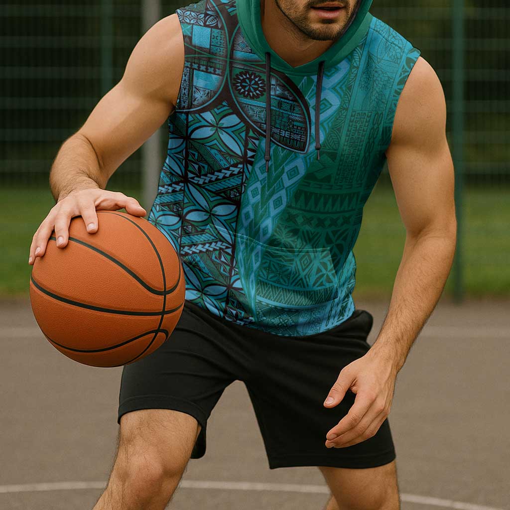 Samoan Pacific Tribal Flower Geometric Art Tattoos Sleeveless Hoodie Siapo Pattern Turquoise Tide - Polynesian Pride