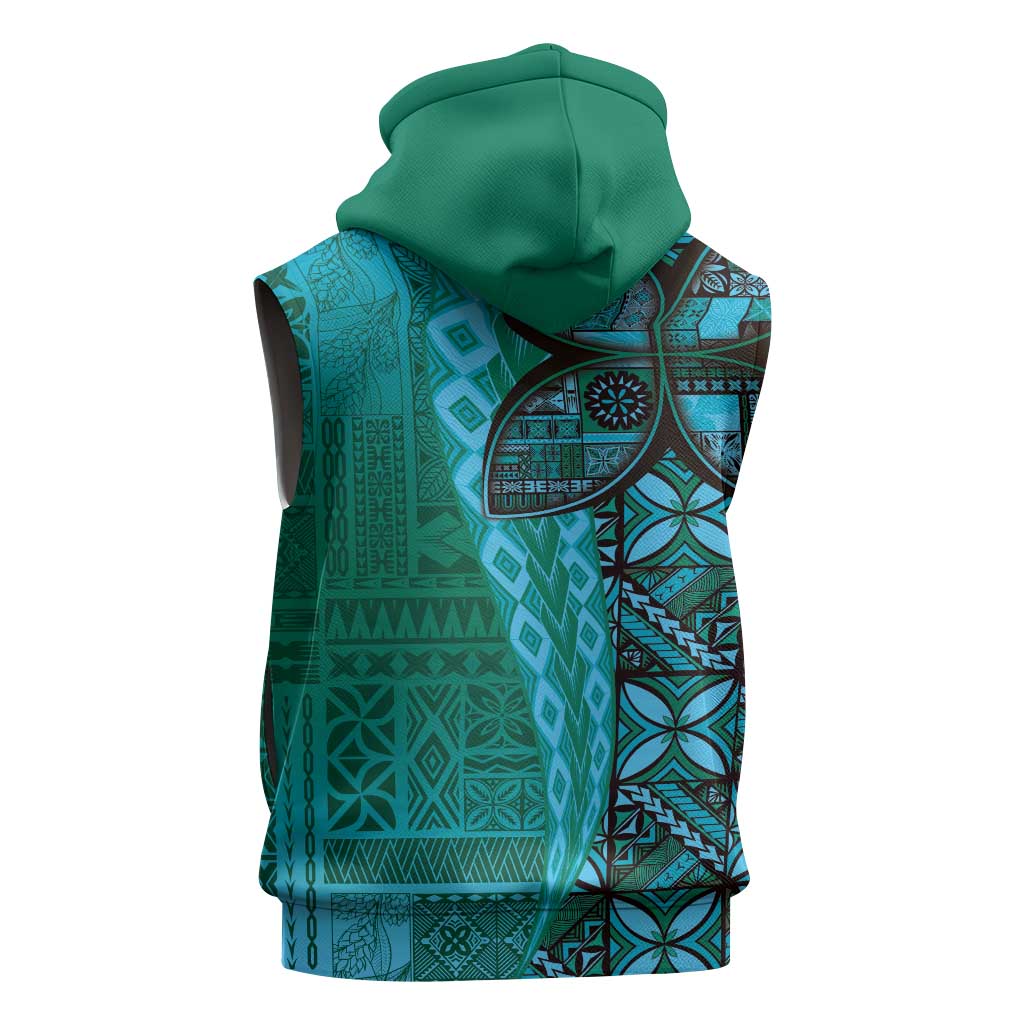 Samoan Pacific Tribal Flower Geometric Art Tattoos Sleeveless Zip Hoodie Siapo Pattern Turquoise Tide - Polynesian Pride