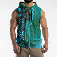 Samoan Pacific Tribal Flower Geometric Art Tattoos Sleeveless Zip Hoodie Siapo Pattern Turquoise Tide - Polynesian Pride