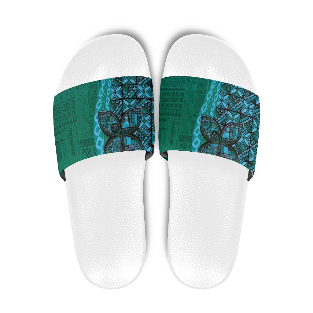 Samoan Pacific Tribal Flower Geometric Art Tattoos Slide Sandals Siapo Pattern Turquoise Tide - Polynesian Pride