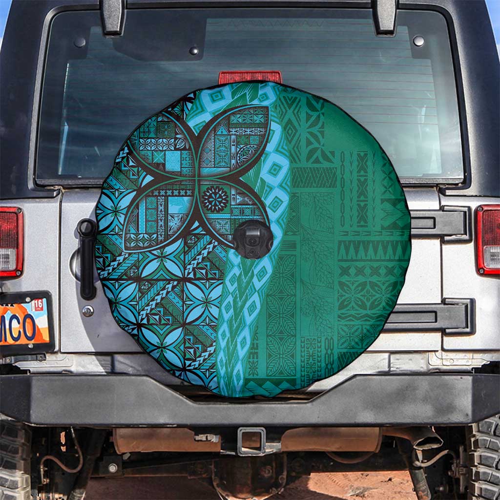 Samoan Pacific Tribal Flower Geometric Art Tattoos Spare Tire Cover Siapo Pattern Turquoise Tide - Polynesian Pride