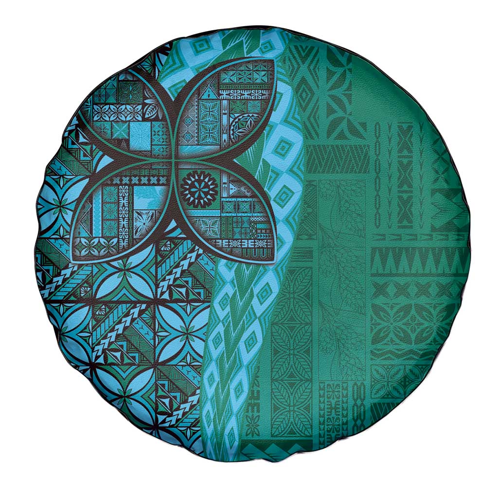 Samoan Pacific Tribal Flower Geometric Art Tattoos Spare Tire Cover Siapo Pattern Turquoise Tide - Polynesian Pride