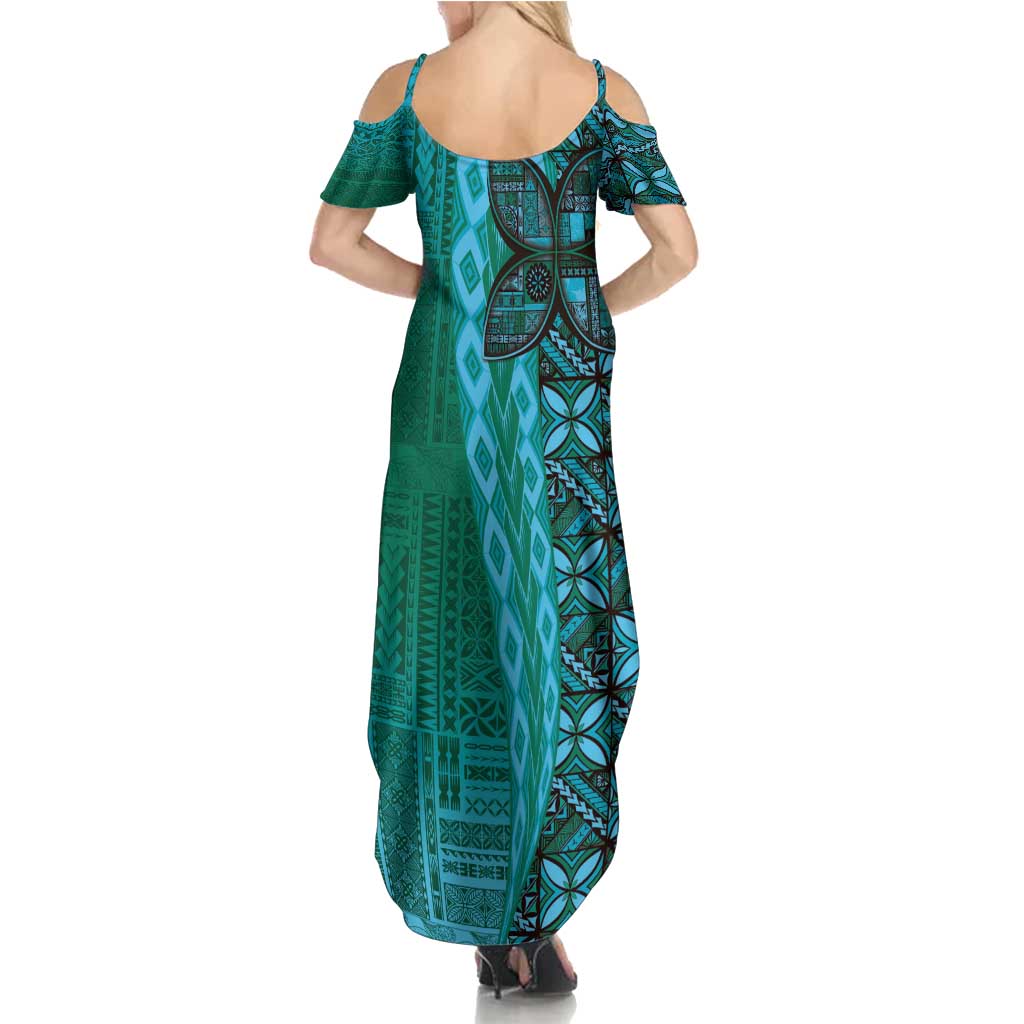 Samoan Pacific Tribal Flower Geometric Art Tattoos Summer Maxi Dress Siapo Pattern Turquoise Tide - Polynesian Pride