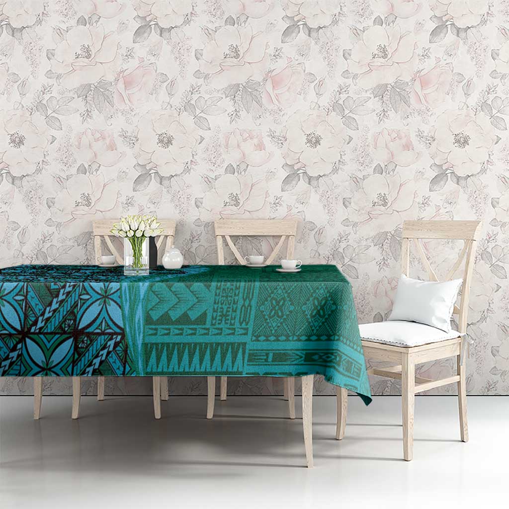 Samoan Pacific Tribal Flower Geometric Art Tattoos Tablecloth Siapo Pattern Turquoise Tide - Polynesian Pride