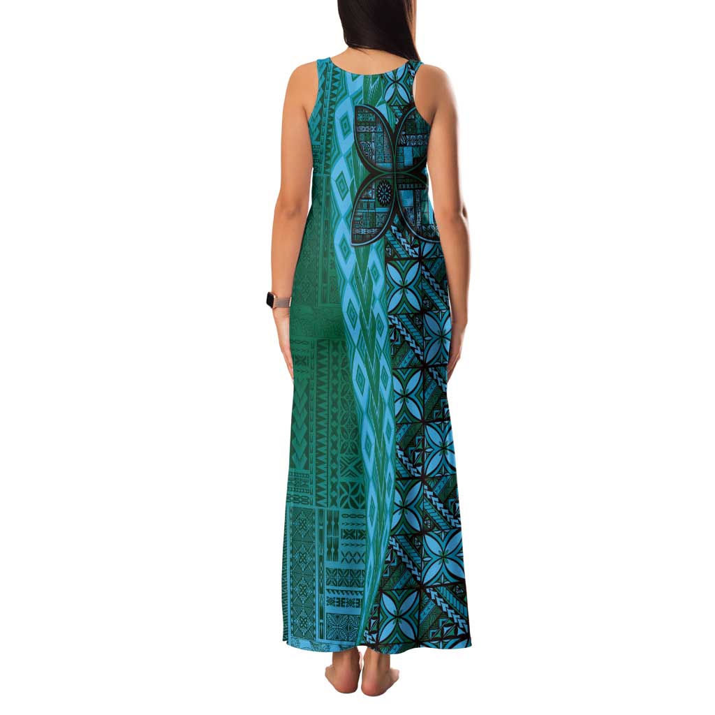 Samoan Pacific Tribal Flower Geometric Art Tattoos Tank Maxi Dress Siapo Pattern Turquoise Tide - Polynesian Pride