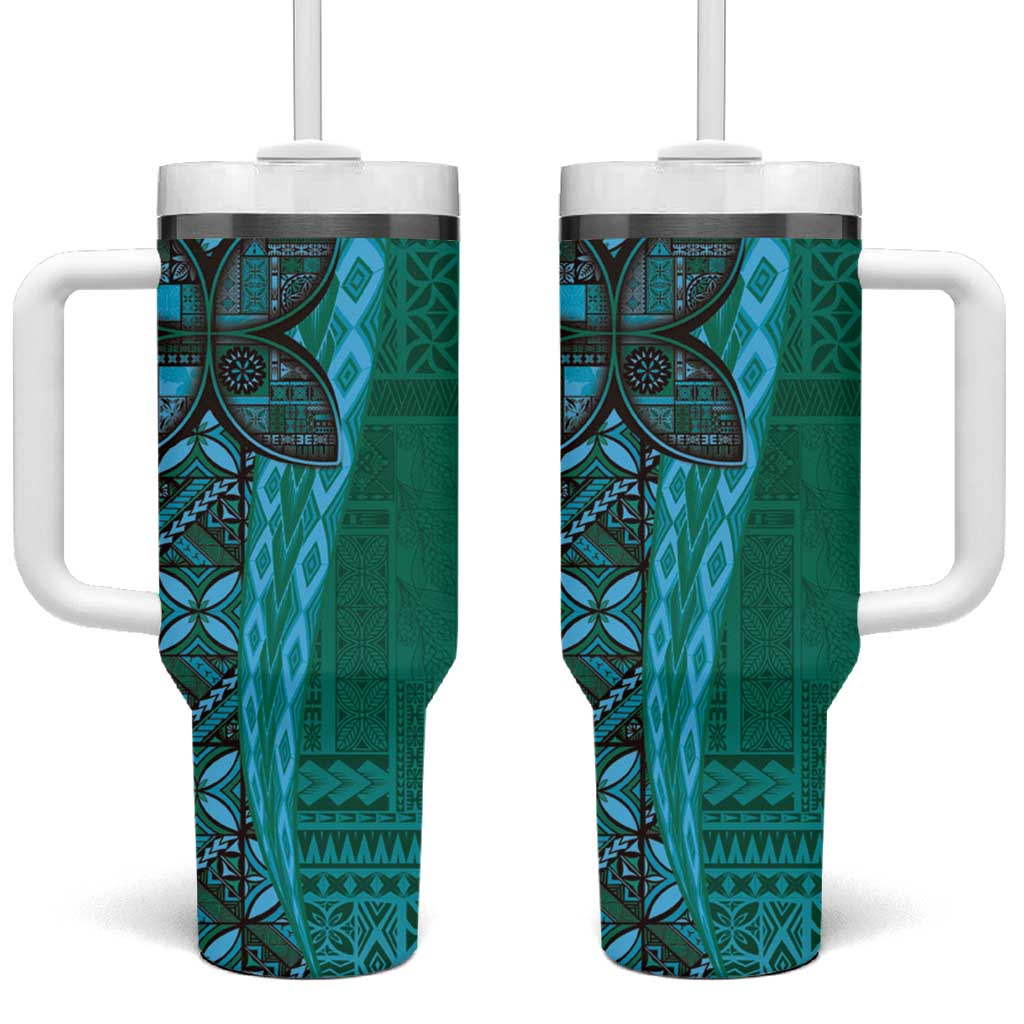 Samoan Pacific Tribal Flower Geometric Art Tattoos Tumbler With Handle Siapo Pattern Turquoise Tide - Polynesian Pride