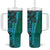 Samoan Pacific Tribal Flower Geometric Art Tattoos Tumbler With Handle Siapo Pattern Turquoise Tide - Polynesian Pride