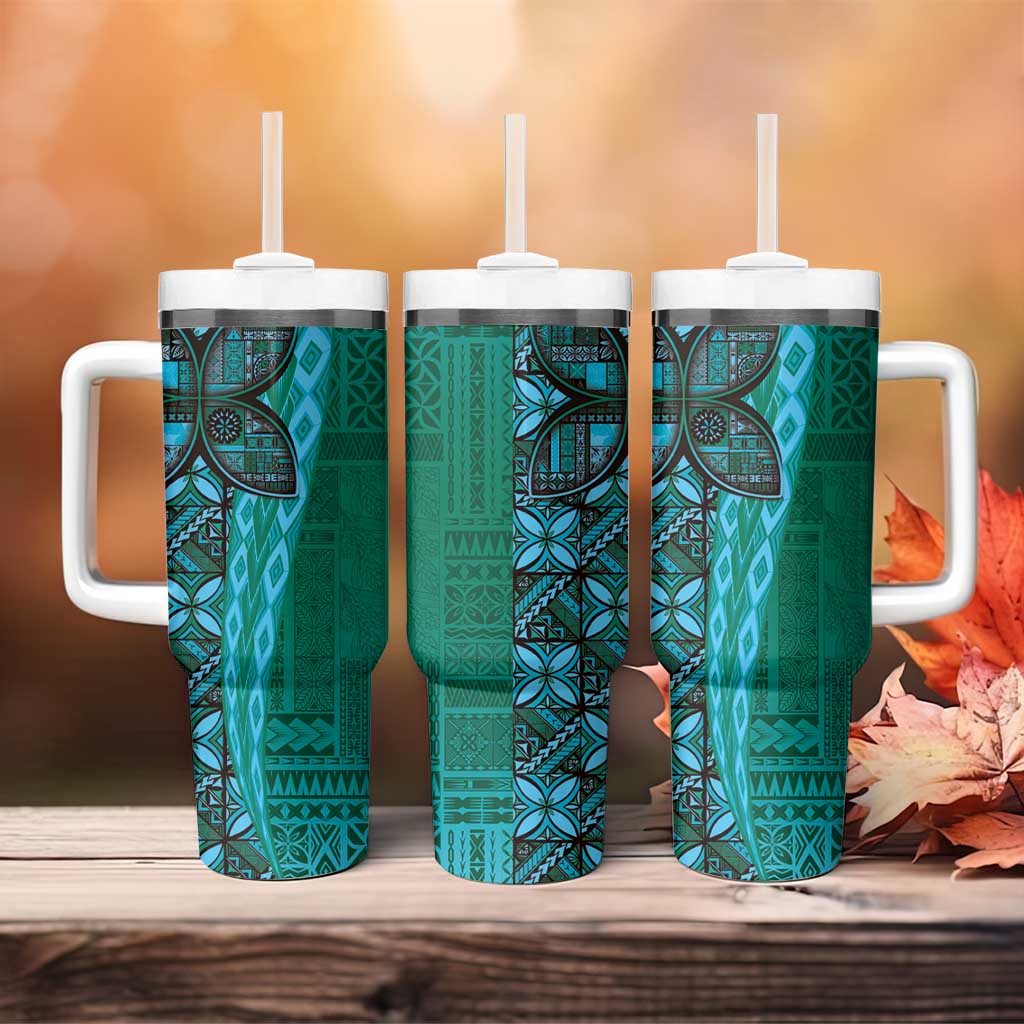 Samoan Pacific Tribal Flower Geometric Art Tattoos Tumbler With Handle Siapo Pattern Turquoise Tide - Polynesian Pride