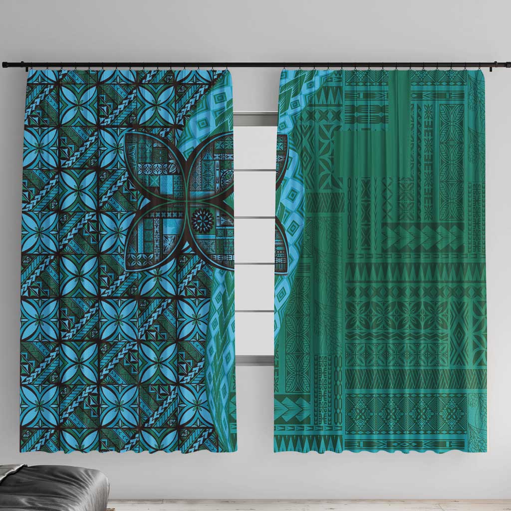 Samoan Pacific Tribal Flower Geometric Art Tattoos Window Curtain Siapo Pattern Turquoise Tide - Polynesian Pride
