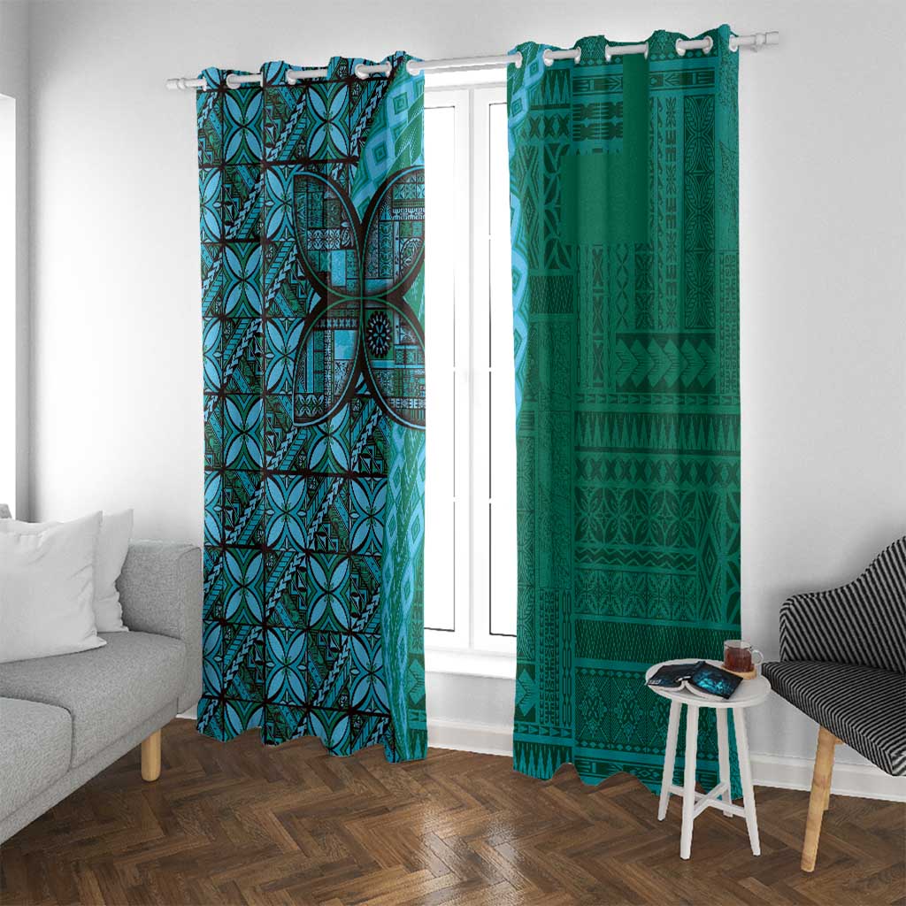 Samoan Pacific Tribal Flower Geometric Art Tattoos Window Curtain Siapo Pattern Turquoise Tide - Polynesian Pride