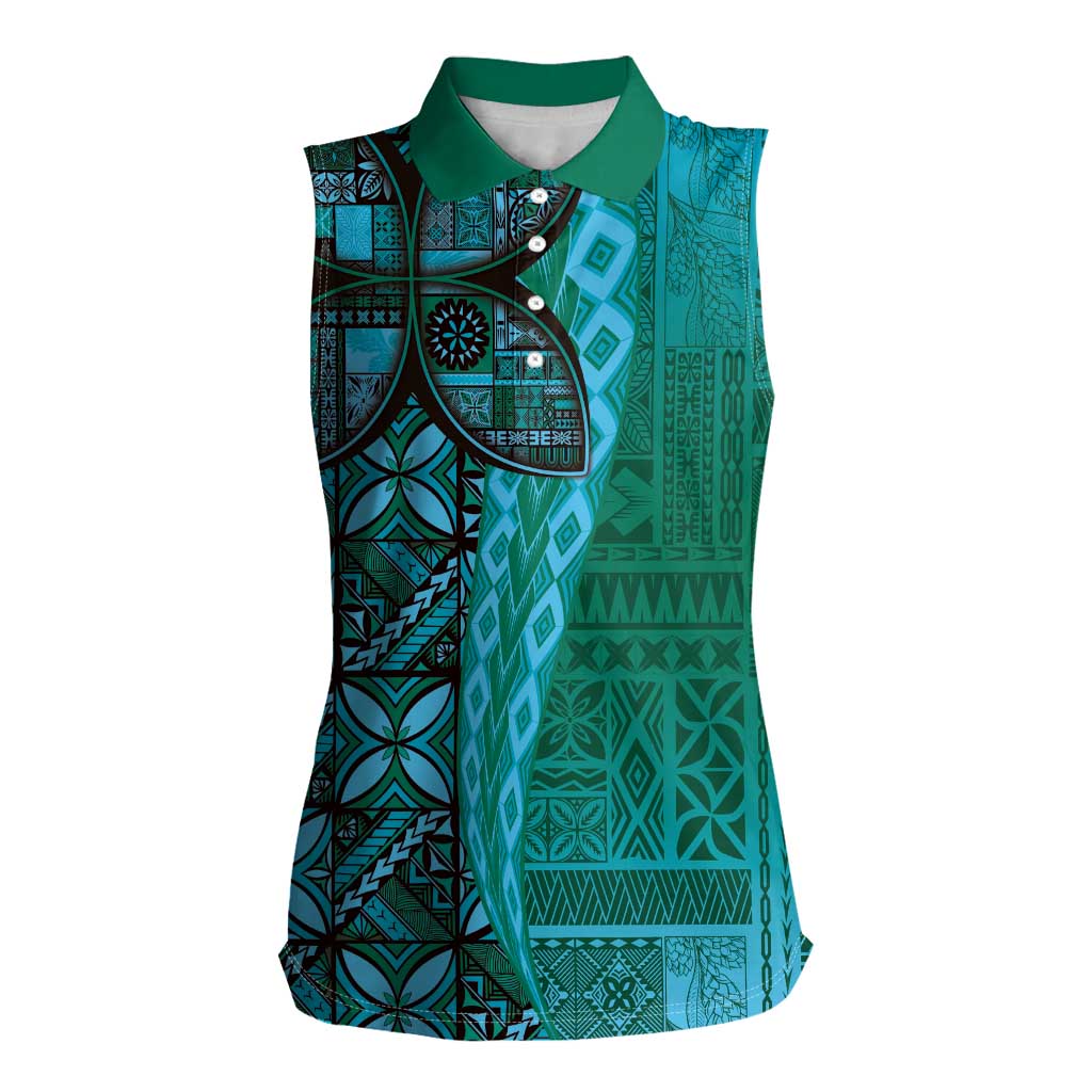 Samoan Pacific Tribal Flower Geometric Art Tattoos Women Sleeveless Polo Shirt Siapo Pattern Turquoise Tide LT03 Female Turquoise - Polynesian Pride