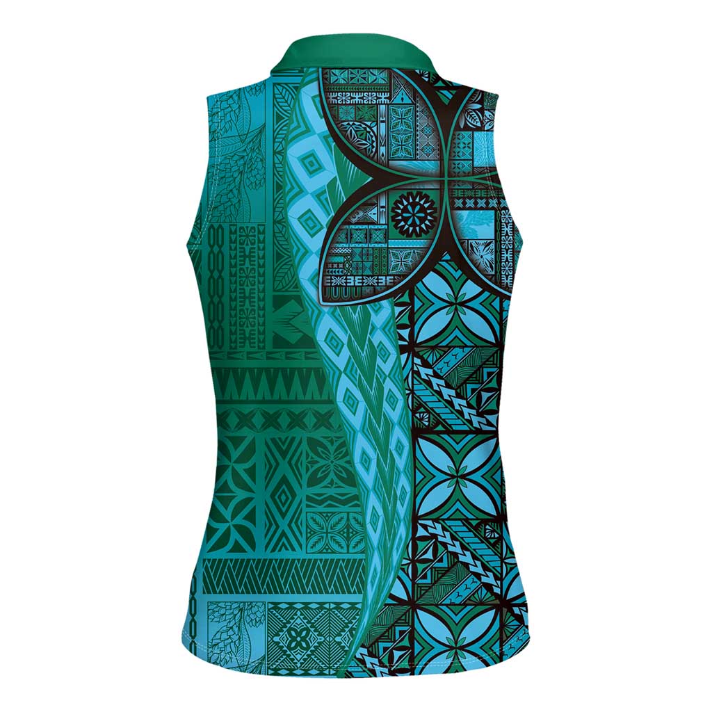 Samoan Pacific Tribal Flower Geometric Art Tattoos Women Sleeveless Polo Shirt Siapo Pattern Turquoise Tide LT03 - Polynesian Pride