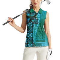 Samoan Pacific Tribal Flower Geometric Art Tattoos Women Sleeveless Polo Shirt Siapo Pattern Turquoise Tide LT03 - Polynesian Pride