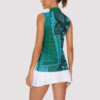 Samoan Pacific Tribal Flower Geometric Art Tattoos Women Sleeveless Polo Shirt Siapo Pattern Turquoise Tide LT03 - Polynesian Pride