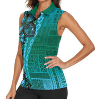 Samoan Pacific Tribal Flower Geometric Art Tattoos Women Sleeveless Polo Shirt Siapo Pattern Turquoise Tide LT03 - Polynesian Pride