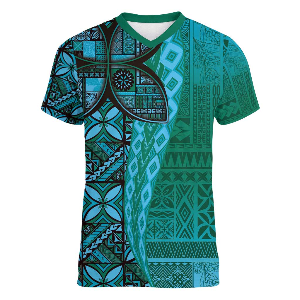 Samoan Pacific Tribal Flower Geometric Art Tattoos Women V-Neck T-Shirt Siapo Pattern Turquoise Tide - Polynesian Pride