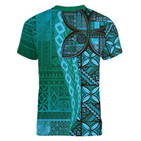 Samoan Pacific Tribal Flower Geometric Art Tattoos Women V-Neck T-Shirt Siapo Pattern Turquoise Tide - Polynesian Pride