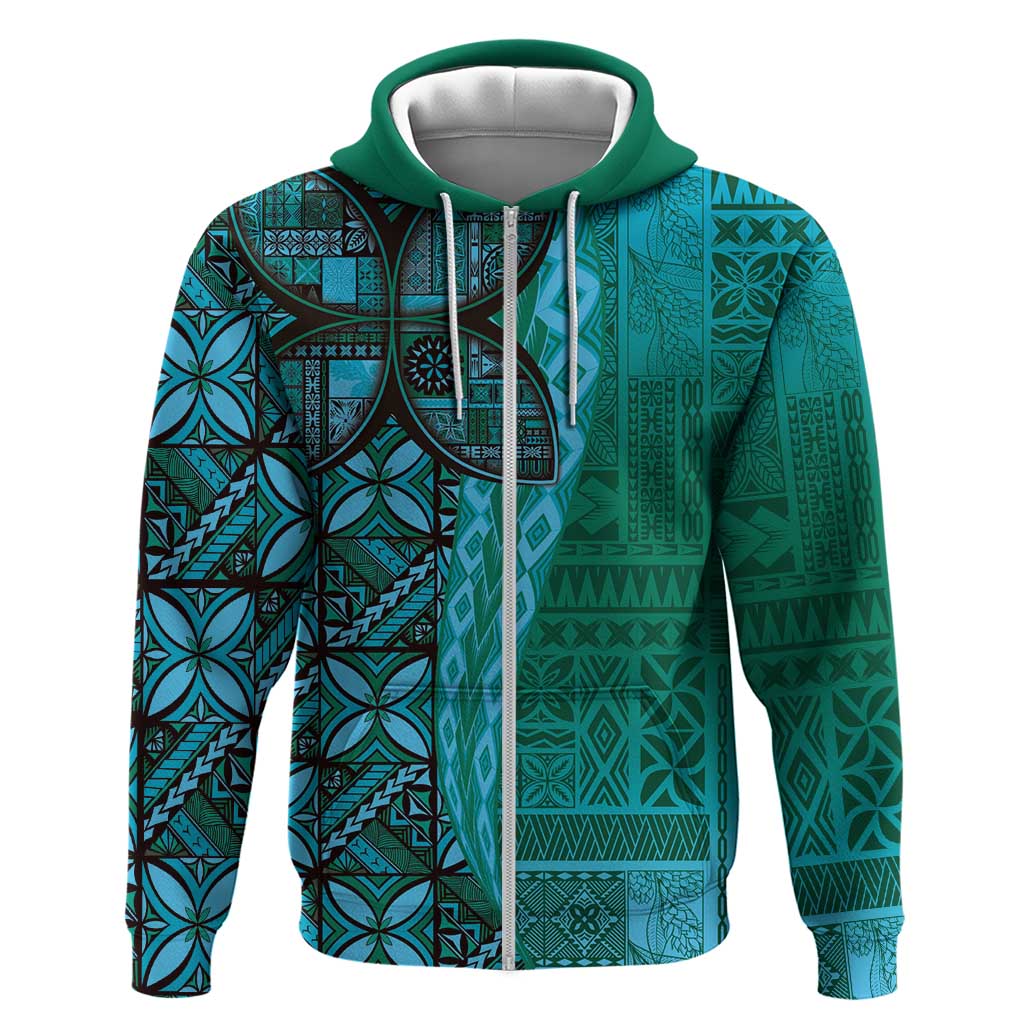 Samoan Pacific Tribal Flower Geometric Art Tattoos Zip Hoodie Siapo Pattern Turquoise Tide - Polynesian Pride