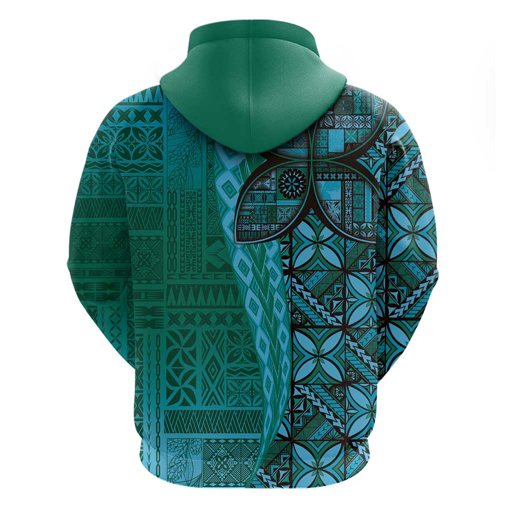 Samoan Pacific Tribal Flower Geometric Art Tattoos Zip Hoodie Siapo Pattern Turquoise Tide - Polynesian Pride