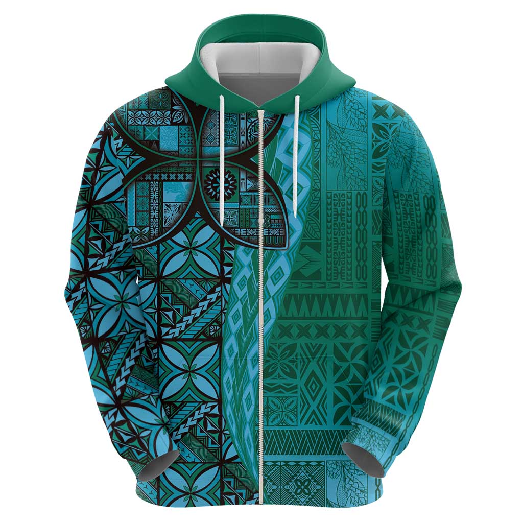 Samoan Pacific Tribal Flower Geometric Art Tattoos Zip Hoodie Siapo Pattern Turquoise Tide - Polynesian Pride