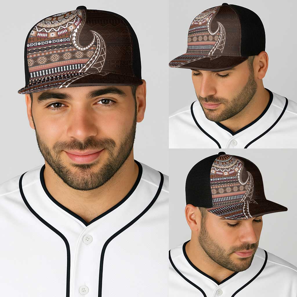 Fijian Masi Tribal Tattoos Art Pattern Baseball Net Cap Brown Color Half Style - Polynesian Pride