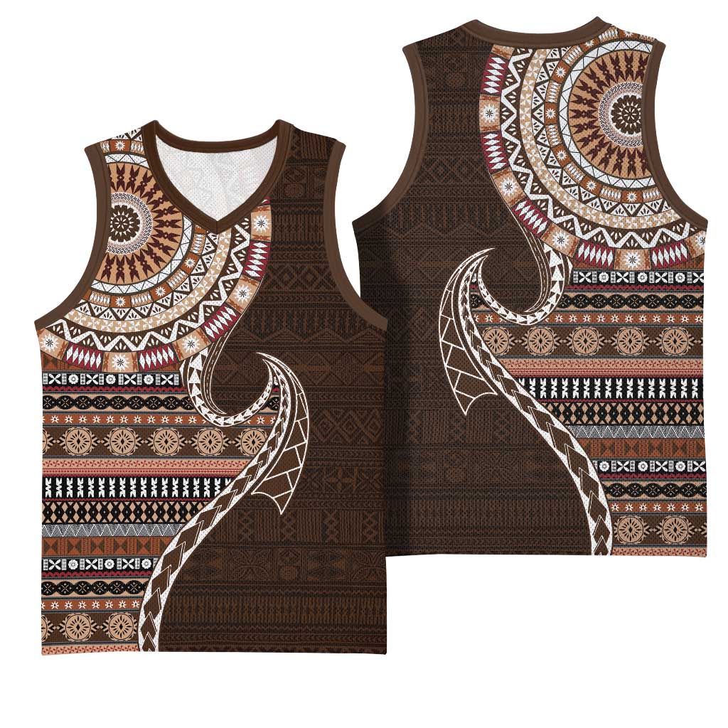 Fijian Masi Tribal Tattoos Art Pattern Basketball Jersey Brown Color Half Style LT03 - Polynesian Pride