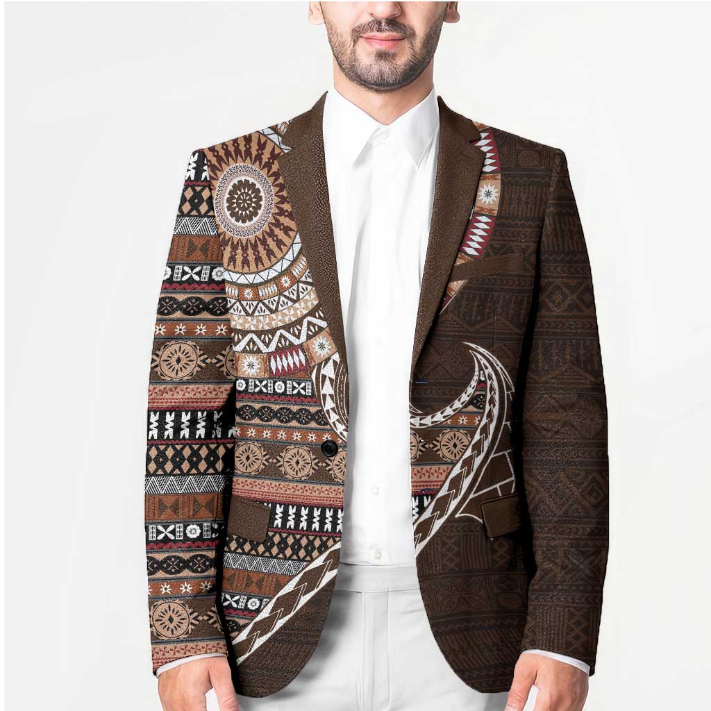Fijian Masi Tribal Tattoos Art Pattern Blazer Brown Color Half Style - Polynesian Pride