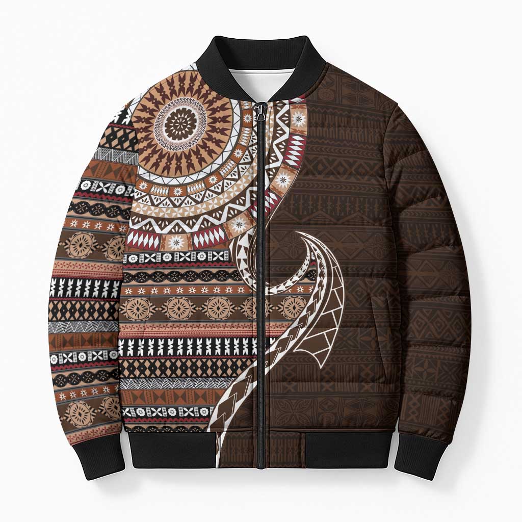 Fijian Masi Tribal Tattoos Art Pattern Bomber Puffer Jacket Brown Color Half Style LT03 Brown - Polynesian Pride