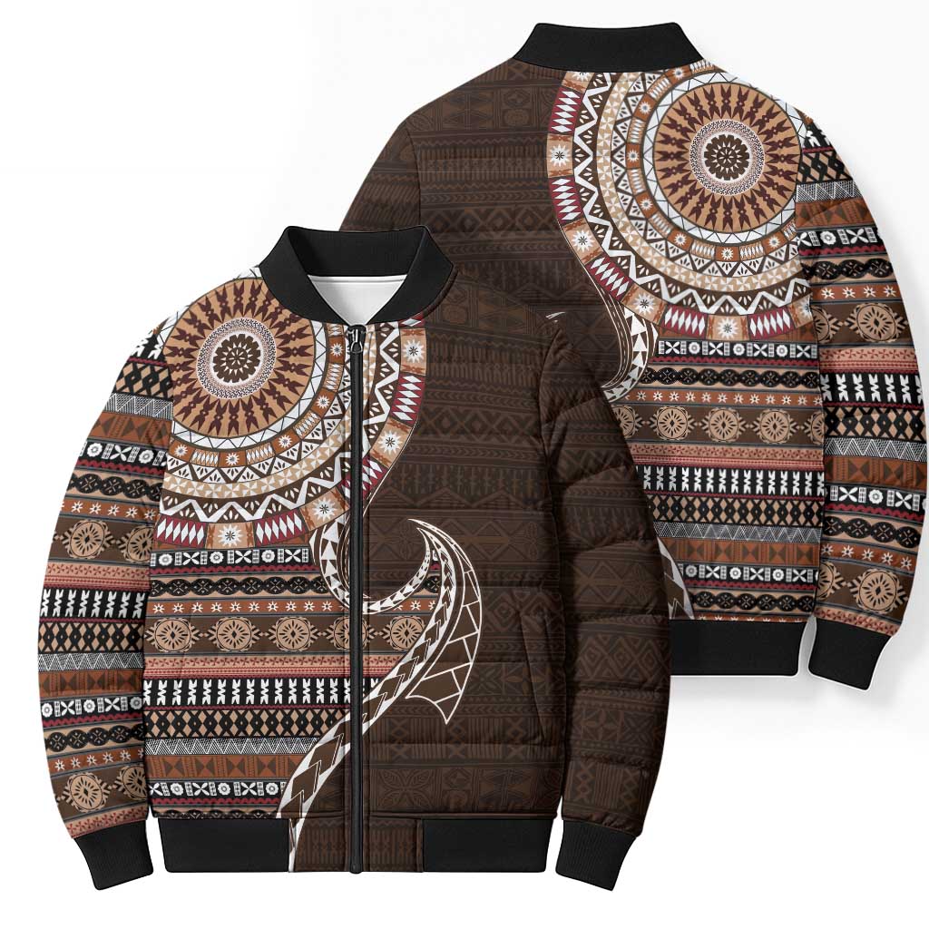 Fijian Masi Tribal Tattoos Art Pattern Bomber Puffer Jacket Brown Color Half Style LT03 - Polynesian Pride