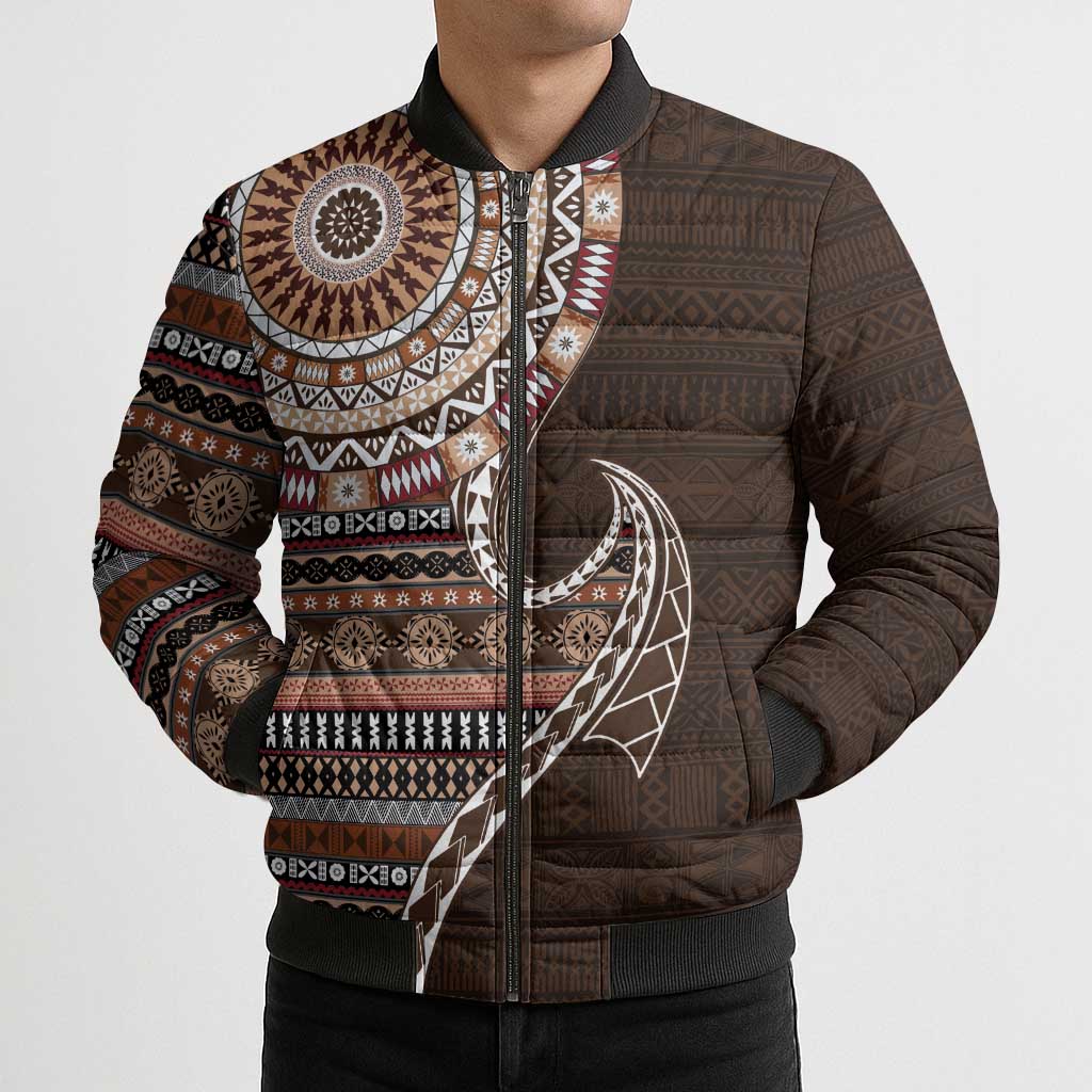 Fijian Masi Tribal Tattoos Art Pattern Bomber Puffer Jacket Brown Color Half Style LT03 - Polynesian Pride