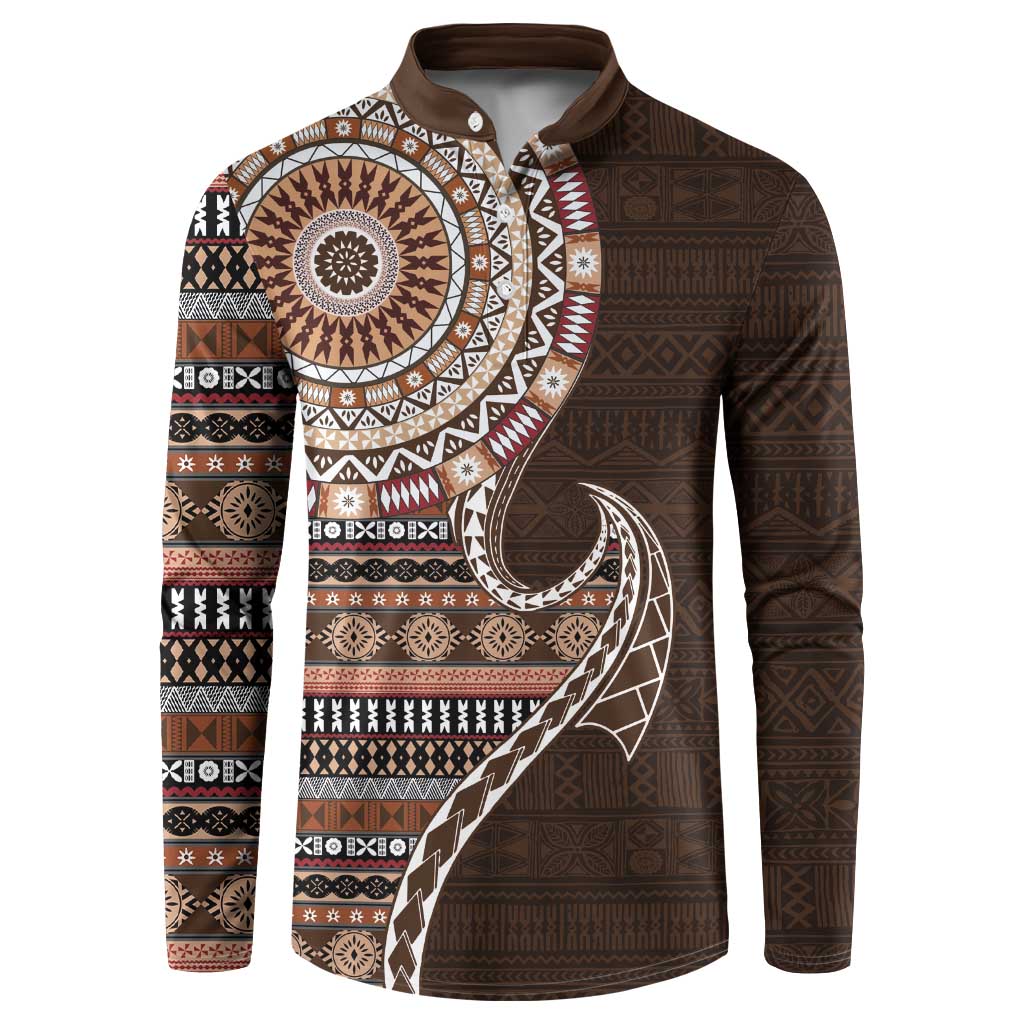 Fijian Masi Tribal Tattoos Art Pattern Button Sweatshirt Brown Color Half Style LT03 Brown - Polynesian Pride