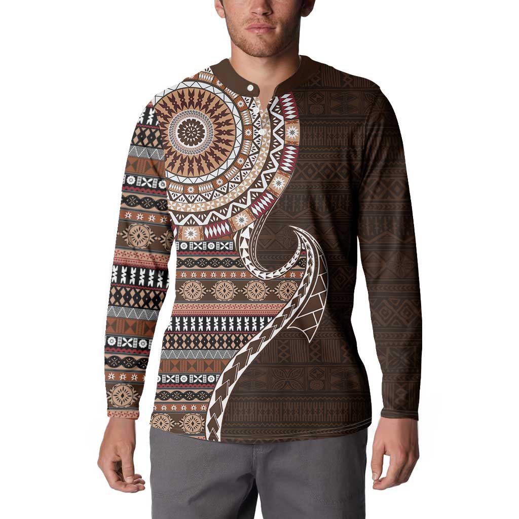Fijian Masi Tribal Tattoos Art Pattern Button Sweatshirt Brown Color Half Style LT03 - Polynesian Pride