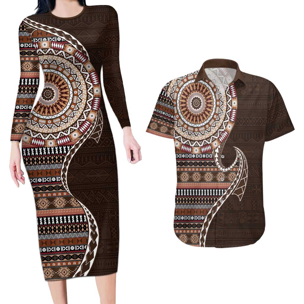 Fijian Masi Tribal Tattoos Art Pattern Couples Matching Long Sleeve Bodycon Dress and Hawaiian Shirt Brown Color Half Style - Polynesian Pride