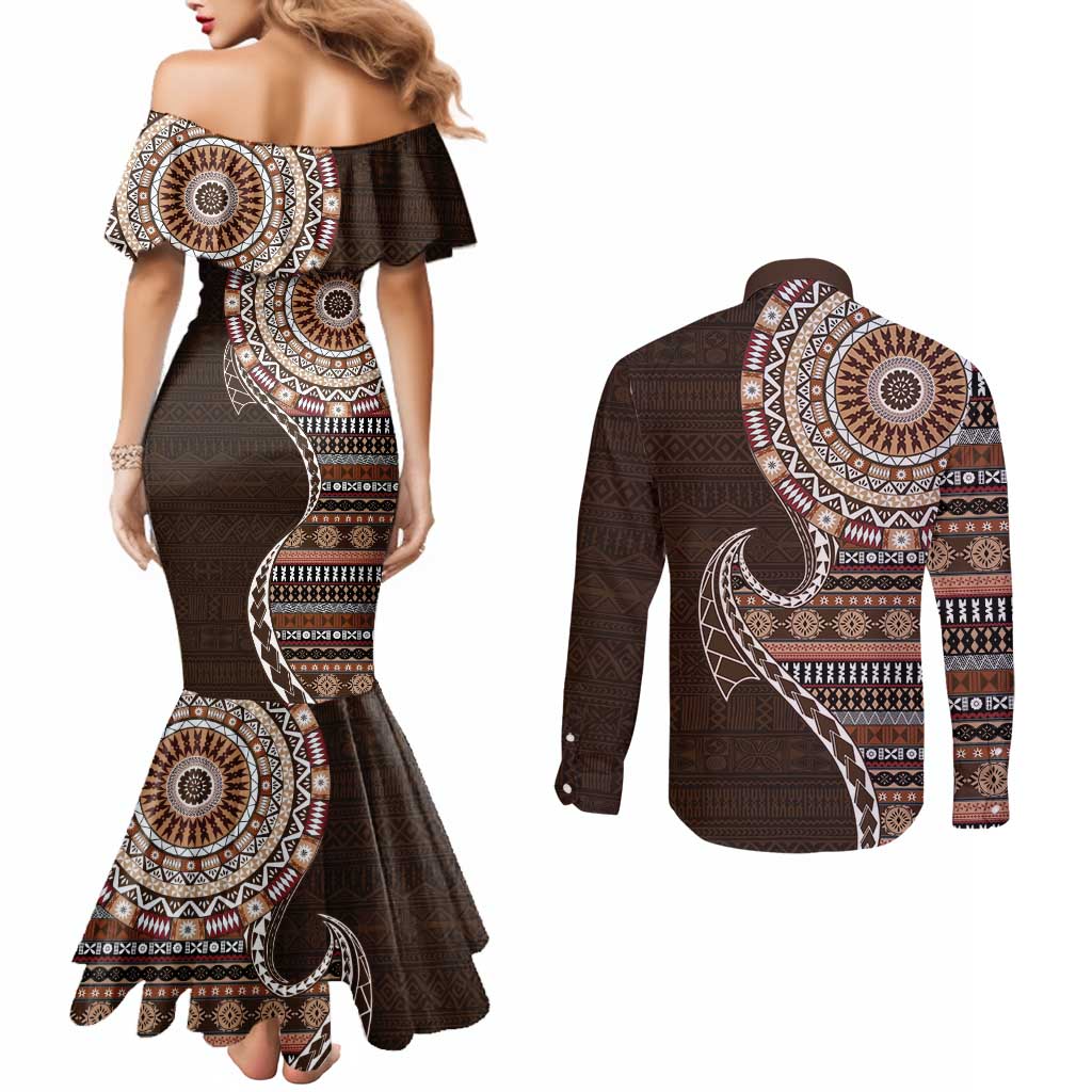 Fijian Masi Tribal Tattoos Art Pattern Couples Matching Mermaid Dress and Long Sleeve Button Shirt Brown Color Half Style - Polynesian Pride