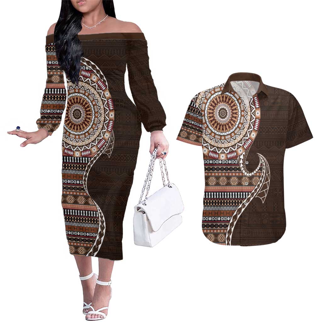 Fijian Masi Tribal Tattoos Art Pattern Couples Matching Off The Shoulder Long Sleeve Dress and Hawaiian Shirt Brown Color Half Style - Polynesian Pride