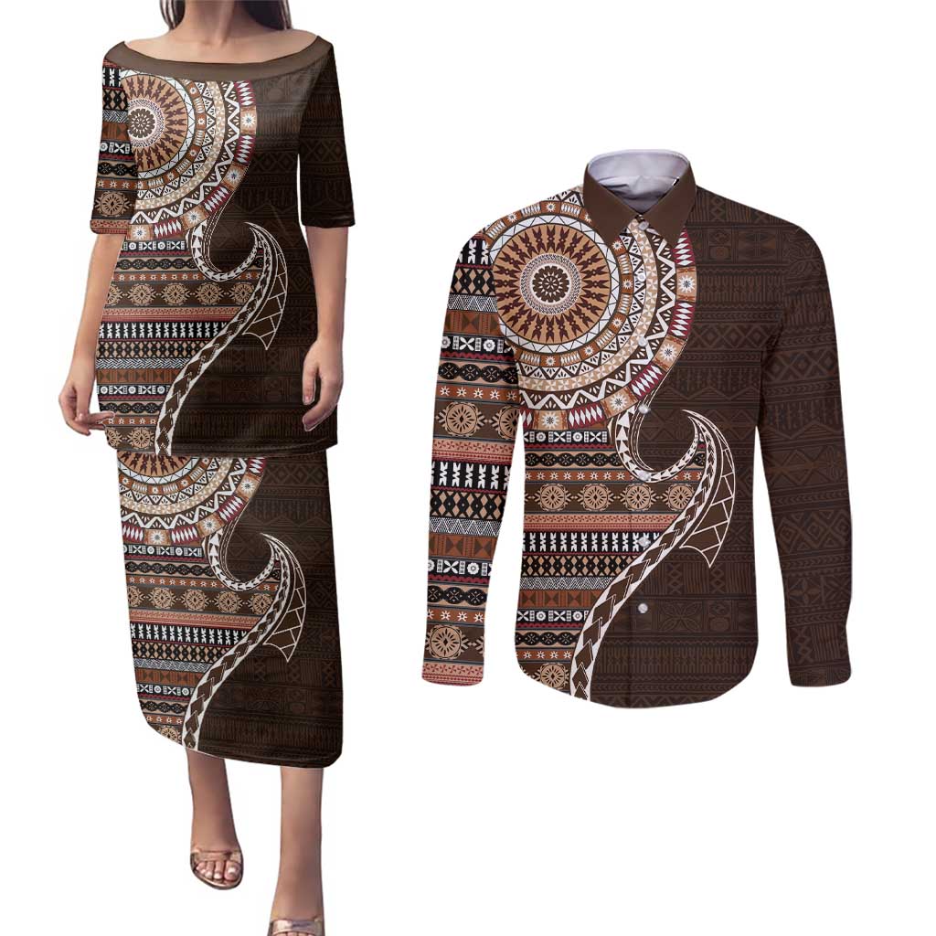 Fijian Masi Tribal Tattoos Art Pattern Couples Matching Puletasi and Long Sleeve Button Shirt Brown Color Half Style LT03 Brown - Polynesian Pride