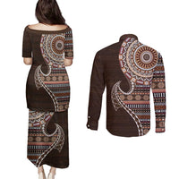 Fijian Masi Tribal Tattoos Art Pattern Couples Matching Puletasi and Long Sleeve Button Shirt Brown Color Half Style LT03 - Polynesian Pride