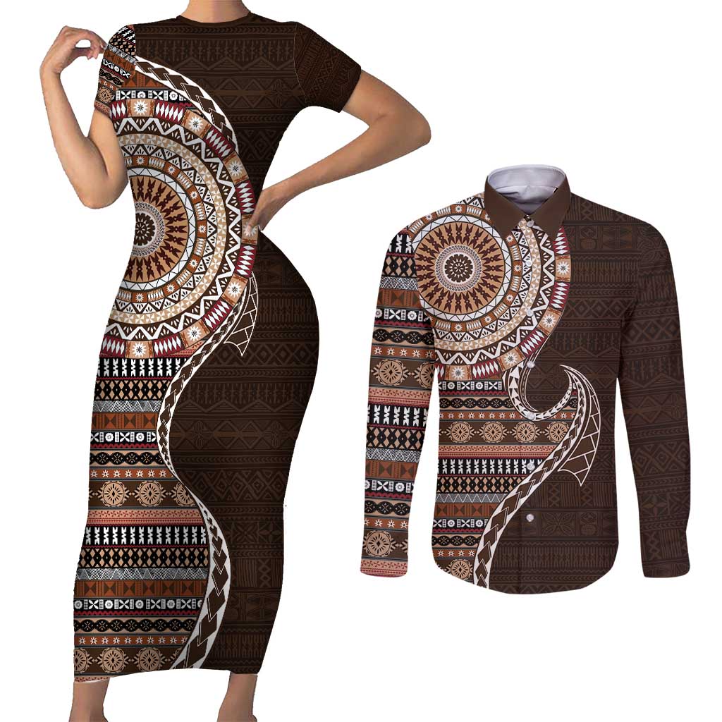 Fijian Masi Tribal Tattoos Art Pattern Couples Matching Short Sleeve Bodycon Dress and Long Sleeve Button Shirt Brown Color Half Style LT03 Brown - Polynesian Pride