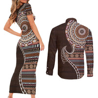 Fijian Masi Tribal Tattoos Art Pattern Couples Matching Short Sleeve Bodycon Dress and Long Sleeve Button Shirt Brown Color Half Style LT03 - Polynesian Pride