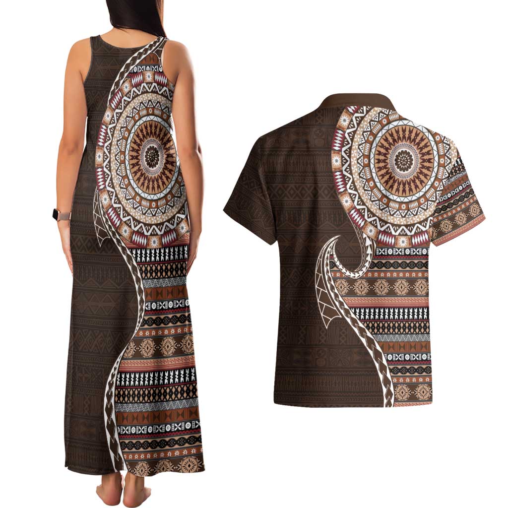 Fijian Masi Tribal Tattoos Art Pattern Couples Matching Tank Maxi Dress and Hawaiian Shirt Brown Color Half Style - Polynesian Pride