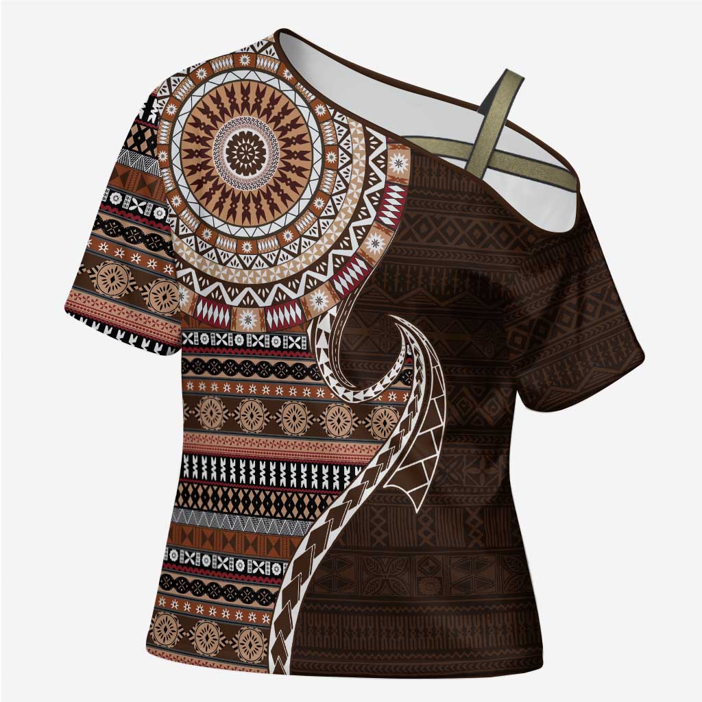Fijian Masi Tribal Tattoos Art Pattern Cross Shoulder Shirt Brown Color Half Style LT03 Female Brown - Polynesian Pride