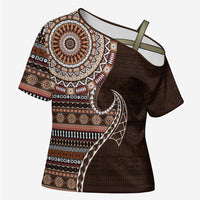 Fijian Masi Tribal Tattoos Art Pattern Cross Shoulder Shirt Brown Color Half Style LT03 Female Brown - Polynesian Pride
