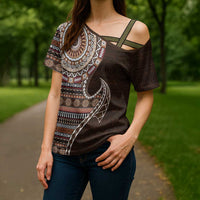 Fijian Masi Tribal Tattoos Art Pattern Cross Shoulder Shirt Brown Color Half Style LT03 - Polynesian Pride